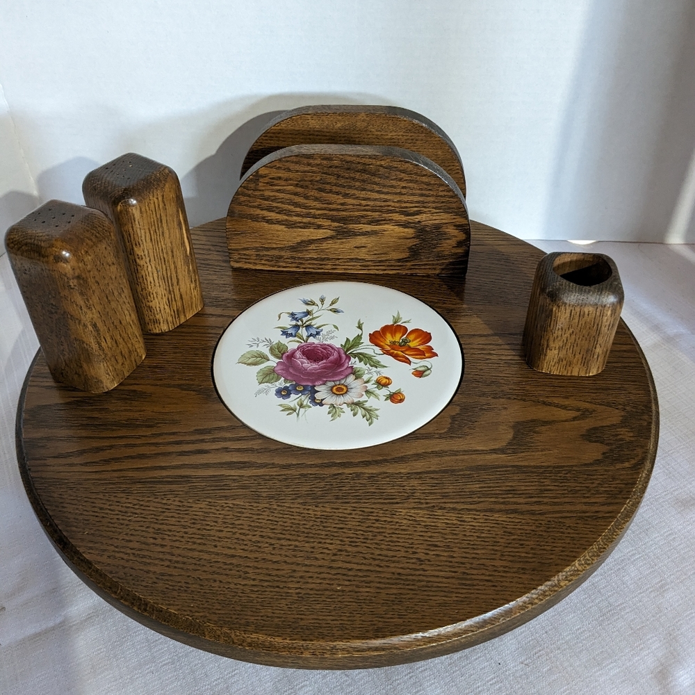 Lazy Susan oak wood ceramic w/ salt & pepper napkin and toothpick holders 15"